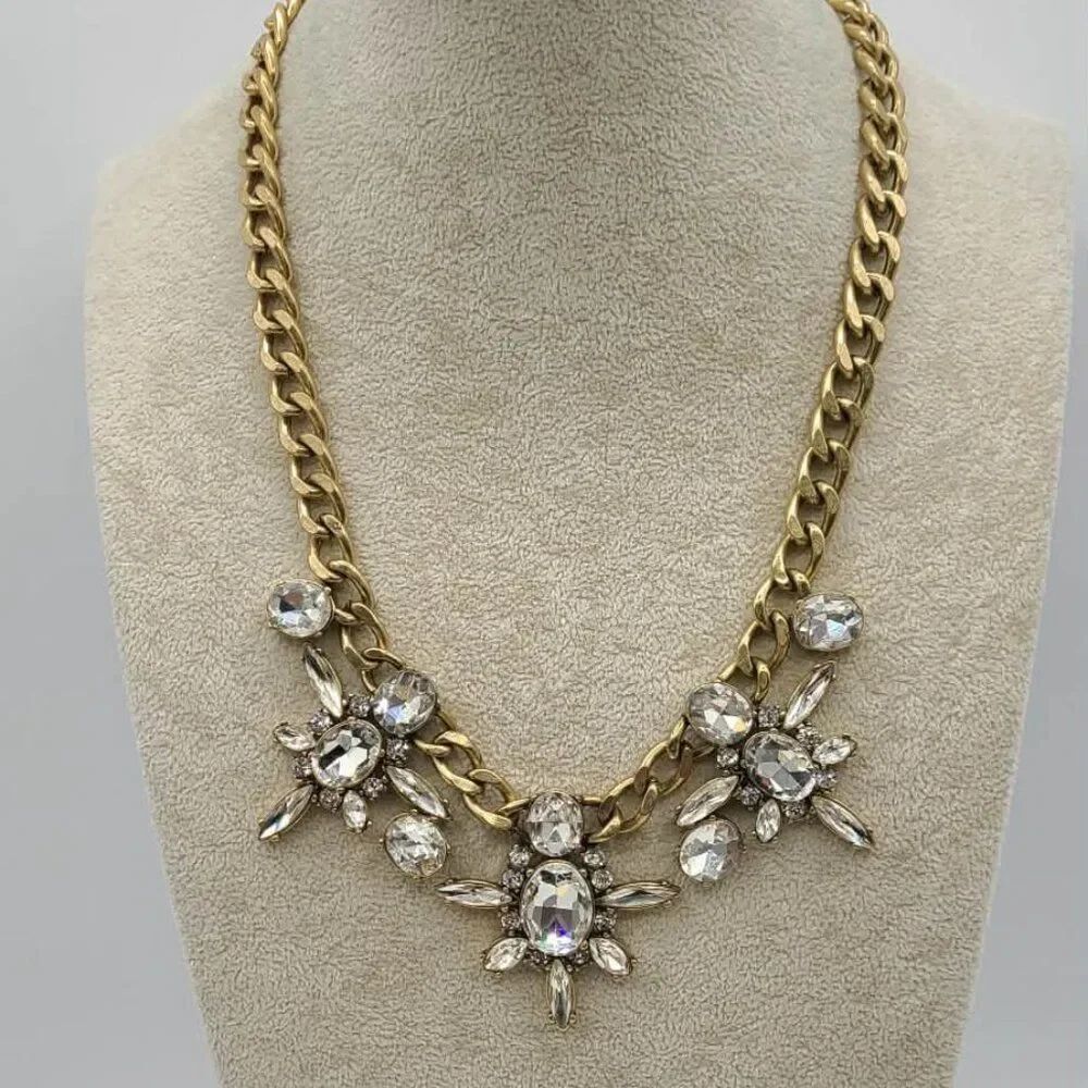 J Crew Gold Tone Link Necklace With Large Clear Crystals
